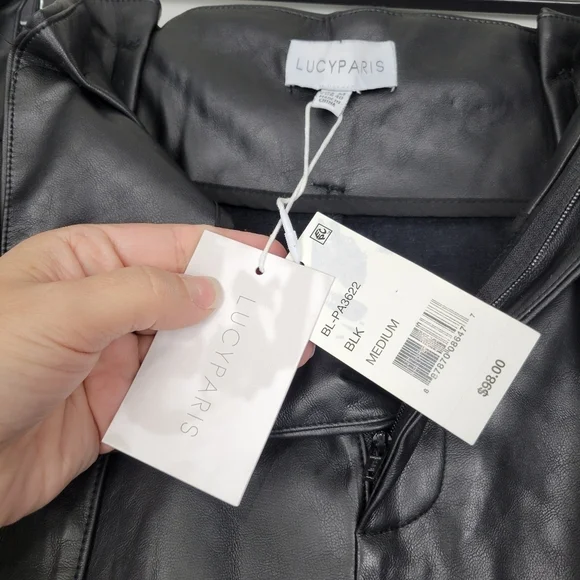 NWT Lucy Paris Faux Leather Paperbag-Waist Pants in Black - Picture 12 of 13